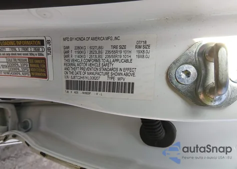 2019 Acura Rdx Technology Package z USA, uszkodzony, nr VIN 5J8TC2H51KL008207